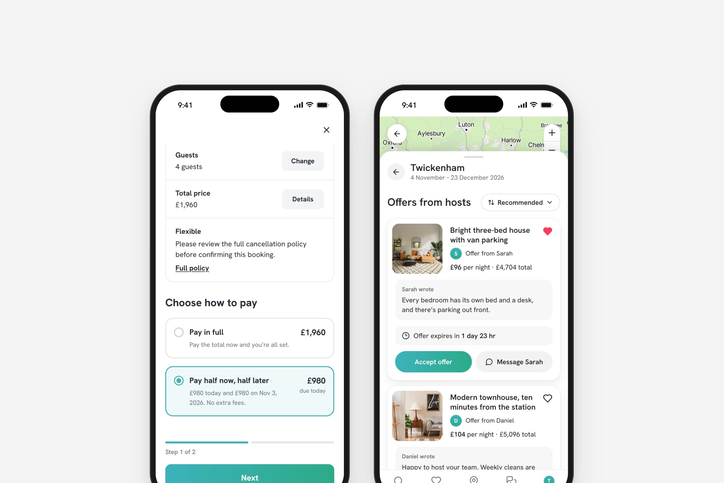 Two phones showing Nezt: checkout with Pay half now, half later chosen, and offers from hosts with one saved